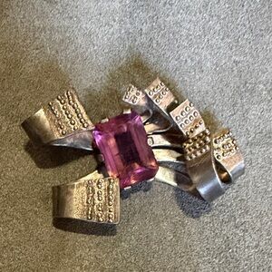 Vintage Mexico Silver Bow Brooch with Purple Gemstone